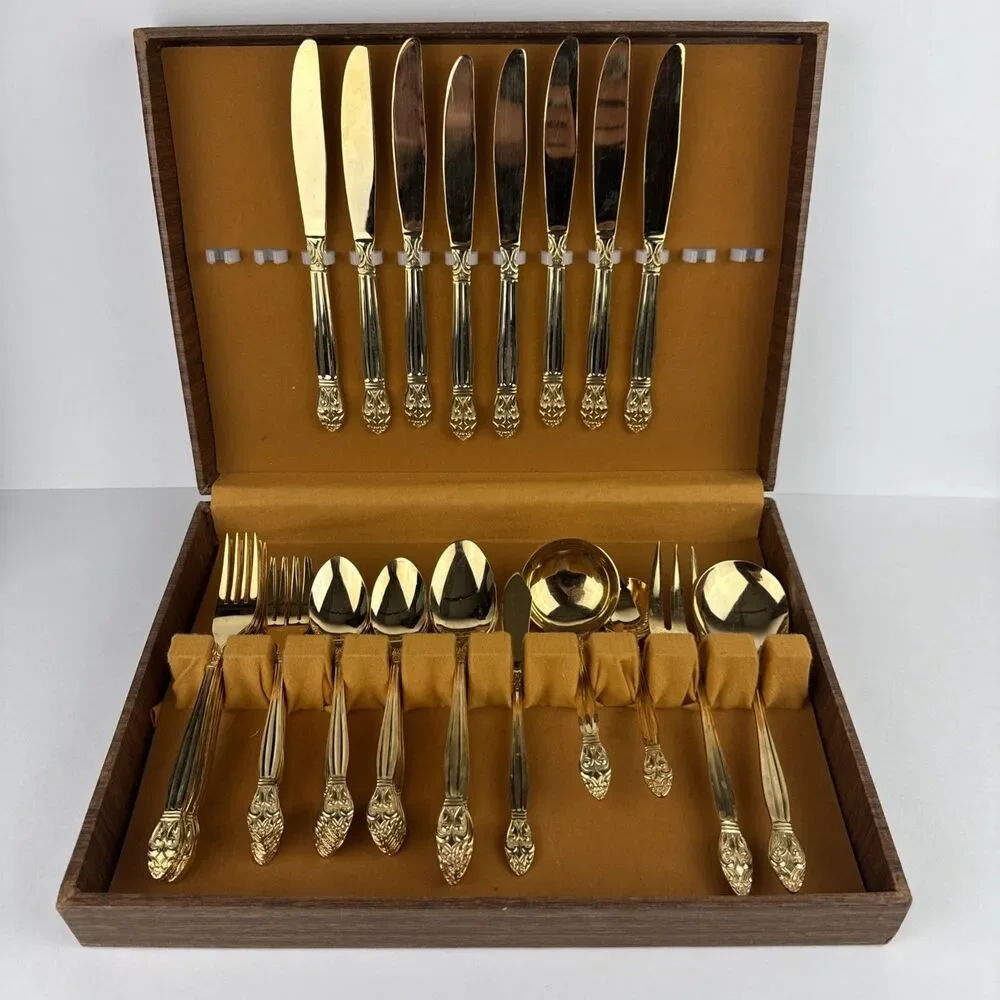 VTG Golden Lifetime Cutlery 24K Gold Electroplated Stainlaess Steel 53pc Set
